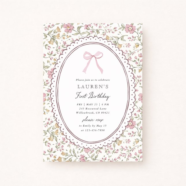 Vintage Floral Pink Bow First Birthday Invitation  (Creator Uploaded)