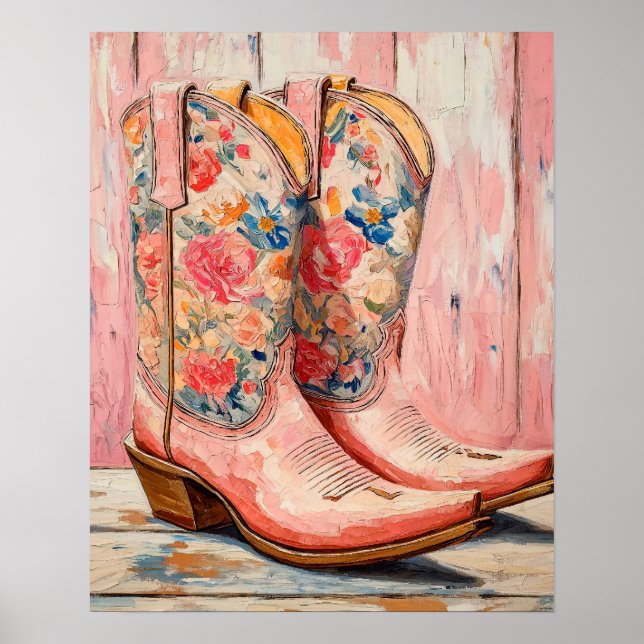Vintage Floral Pink Cowgirl Boots Western Poster (Front)