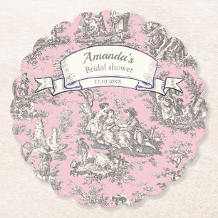 Vintage floral pink grey toile de jouy  paper coaster