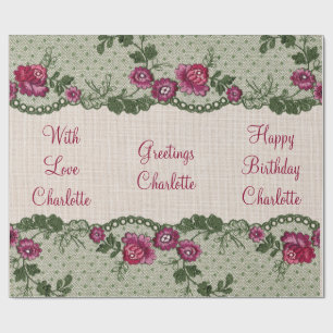 Vintage Floral Pink Linen Lace Personalised Wrapping Paper