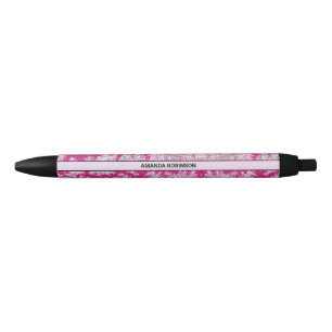 Vintage floral pink magenta toile de jouy monogram black ink pen