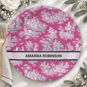 Vintage floral pink magenta toile de jouy monogram paper plate