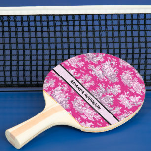 Vintage floral pink magenta toile de jouy monogram ping pong paddle