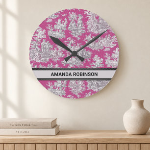 Vintage floral pink magenta toile de jouy monogram round clock