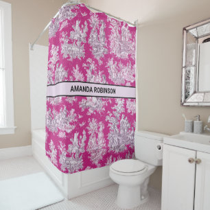 Vintage floral pink magenta toile de jouy monogram shower curtain