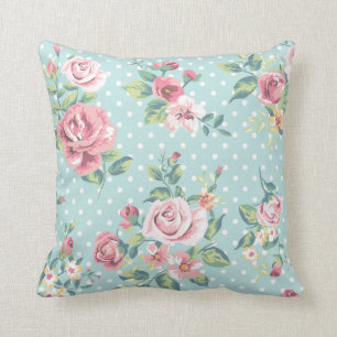 Vintage Floral Pink Rose Flowers Blue Polka Dot Cushion