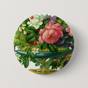 Vintage Floral Pink Roses, Vase of Flowers 6 Cm Round Badge