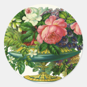 Vintage Floral Pink Roses, Vase of Flowers Classic Round Sticker