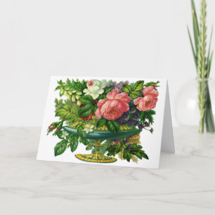 Vintage Floral Pink Roses, Vase of Flowers Holiday Card
