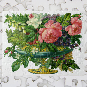 Vintage Floral Pink Roses, Vase of Flowers Jigsaw Puzzle
