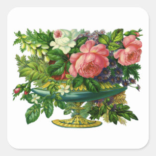 Vintage Floral Pink Roses, Vase of Flowers Square Sticker