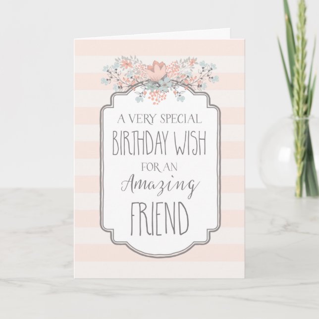 Vintage Floral Pink Stripes Friend Birthday Card (Front)