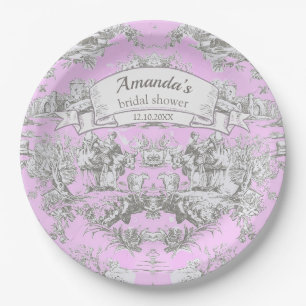Vintage floral pink toile de jouy Bridal shower Paper Plate