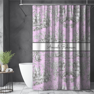 Vintage Floral Pink Toile de Jouy Monogram Shower Curtain