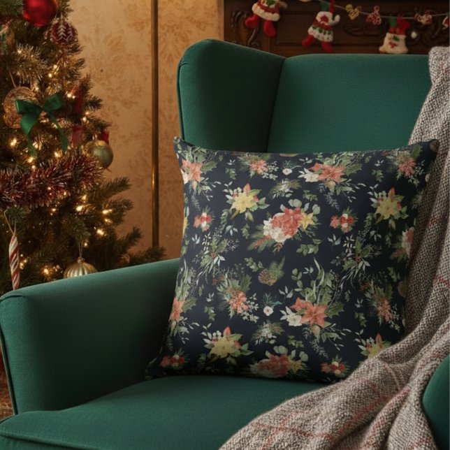 Vintage Floral Poinsettia Christmas Pattern Blue Cushion (Creator Uploaded)