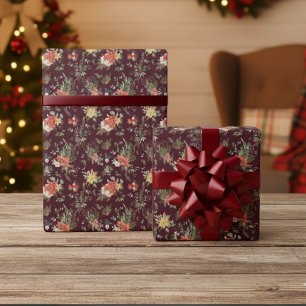 Vintage Floral Poinsettia Christmas Pattern Red Wrapping Paper