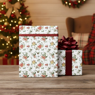 Vintage Floral Poinsettia Christmas Pattern White Wrapping Paper