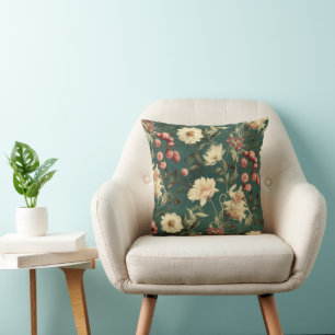 Vintage Floral Print on Green Cushion
