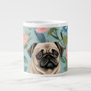 Vintage Floral Pug Pattern Cute Botanical Dog  Large Coffee Mug