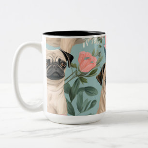 Vintage Floral Pug Pattern Cute Botanical Dog  Two-Tone Coffee Mug