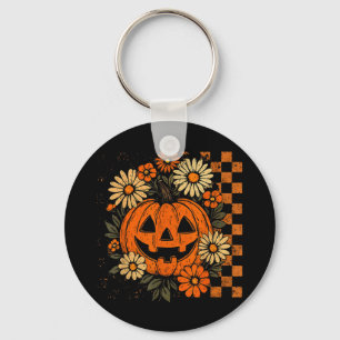 Vintage Floral Pumpkin Halloween Retro Jack O Lant Key Ring