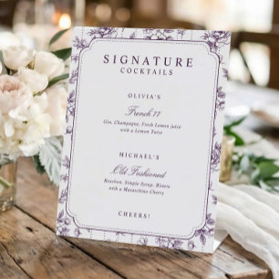 Vintage Floral Purple Signature Drinks Wedding Pedestal Sign