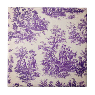 Vintage floral purple toile de jouy monogram ceramic tile