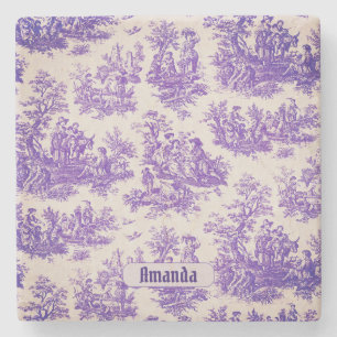 Vintage floral purple toile de jouy monogram stone coaster