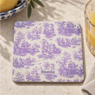 Vintage floral purple toile de jouy monogram stone coaster