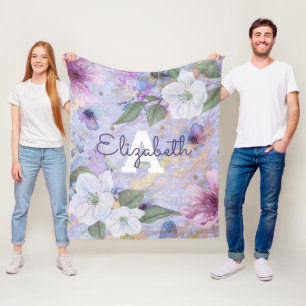 Vintage floral purple watercolor monogram name fleece blanket
