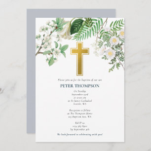 Vintage Floral Religious Gold Cross Baptism Invitation
