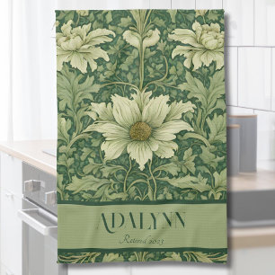 Vintage Floral Retirement Gifts for Mum Green Tea Towel