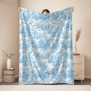 Vintage floral retro aqua blue toile de jouy fle fleece blanket