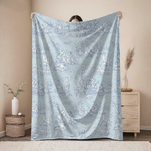 Vintage floral retro blue grey toile de jouy fleece blanket