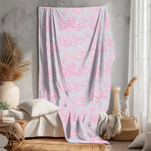 Vintage floral retro blue pink toile de jouy fleece blanket