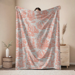 Vintage floral retro orange toile de jouy fleece blanket