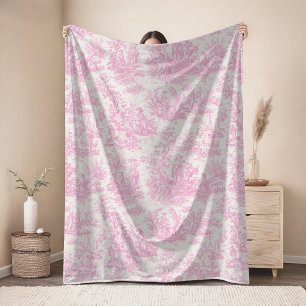 Vintage floral retro pink toile de jouy fleece blanket