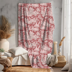 Vintage floral retro red pink toile de jouy fleece blanket