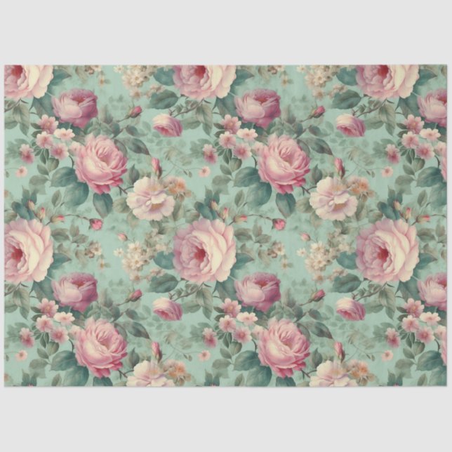 Vintage Floral Rose Aqua Decoupage Tissue Paper (Front)