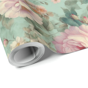 Vintage Floral Rose Aqua Decoupage Wrapping Paper