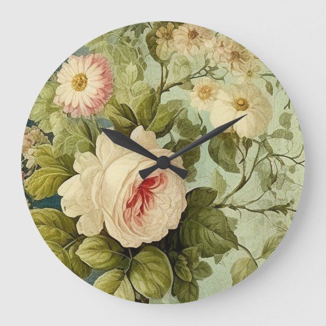 Vintage Floral Rose Greenery  Large Clock (Front)