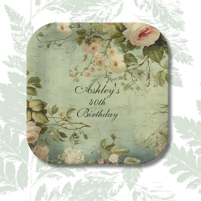 Vintage Floral Rose Greenery Paper Plate (Creator Uploaded)