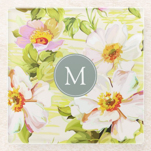 Vintage Floral Rose Peonies Monogram Glass Coaster (Front)