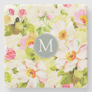 Vintage Floral Rose Peonies Monogram Stone Coaster