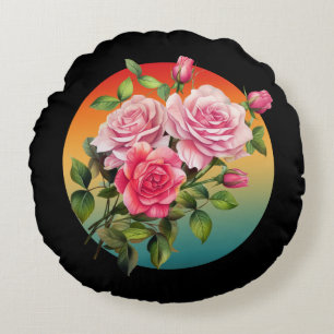 VINTAGE FLORAL ROSES FLOWER ROSE BOUQUET ROUND CUSHION
