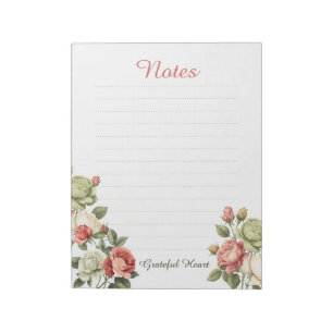 Vintage Floral Roses Grateful Heart Lined Notes