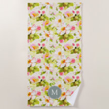 Vintage Floral Roses Peonies Monogram Beach Towel