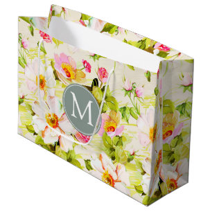 Vintage Floral Roses Peonies Monogram L Gift Bag