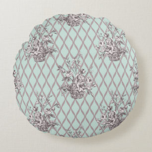 Vintage Floral Round Pillow in Mint Blue