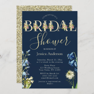 Vintage Floral Royal Blue and Gold Bridal Shower Invitation